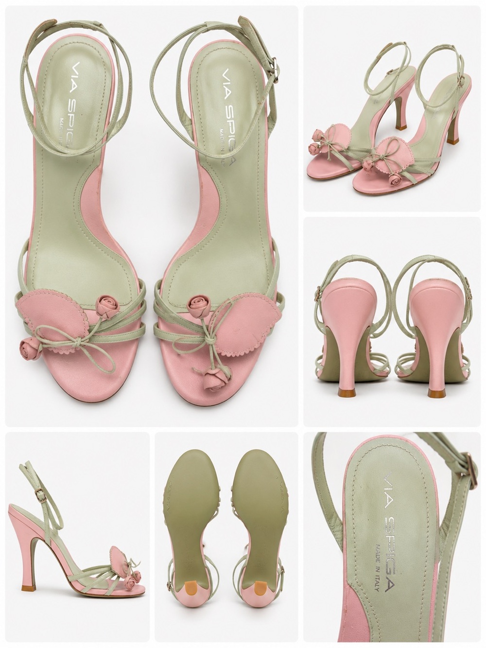 Via Spiga Made in Italy Pink & Sage Leather Floral Sandals | Ankle strap/Size 37